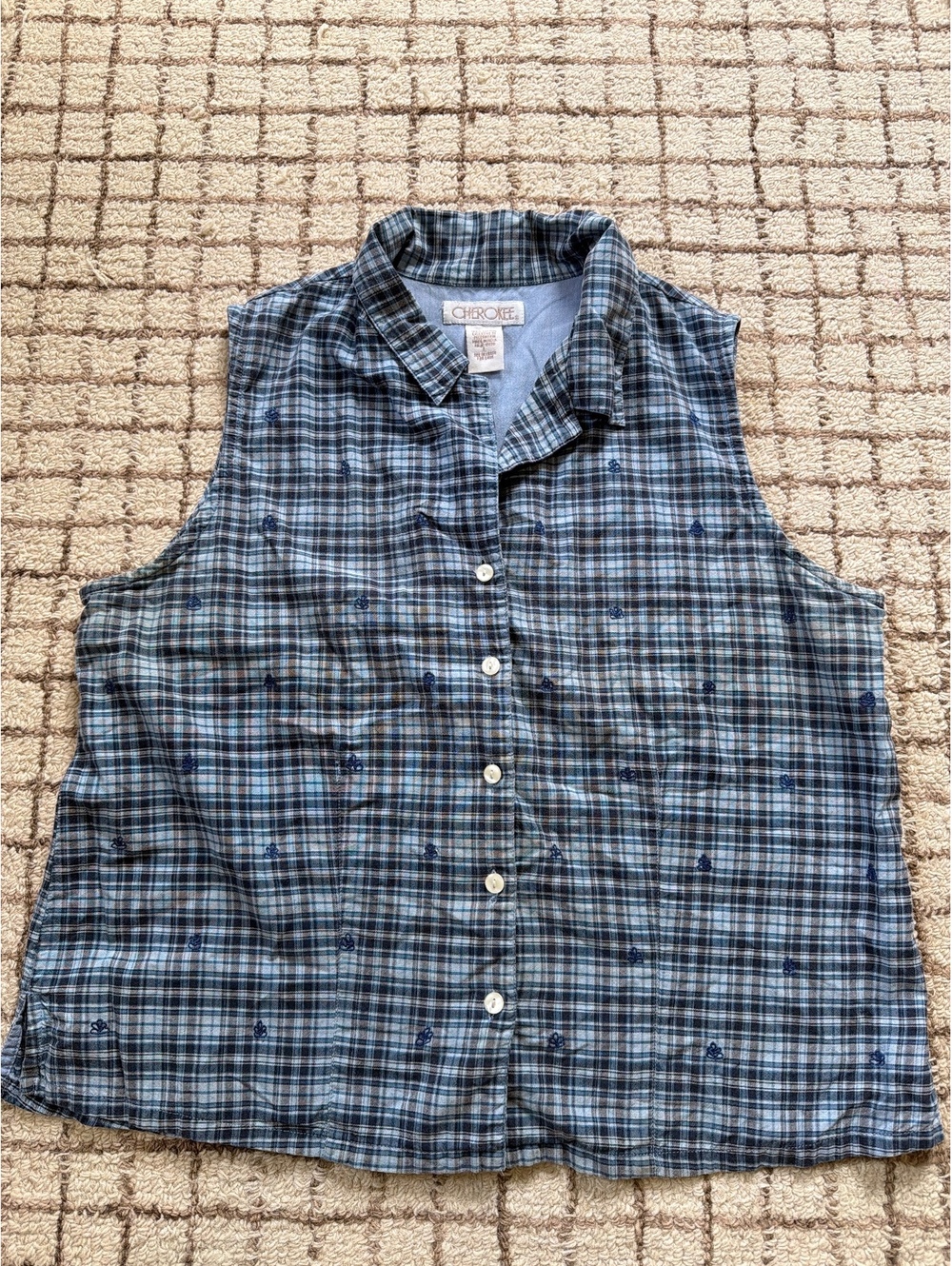 Blue plaid sleeveless cottage grandma granny core western floral button up